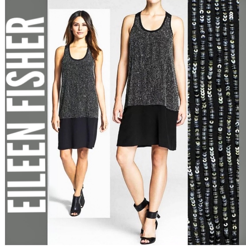 Eileen Fisher U Neck Sequenced Rivulet Silk Dress